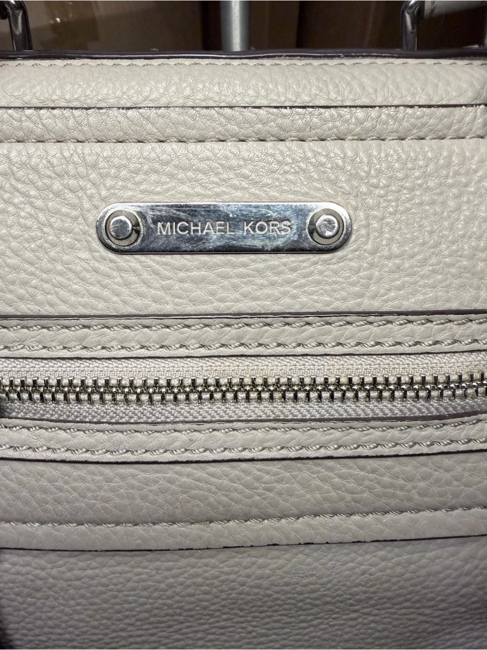 Michael Kors Gray Pebbled Women's Satchel Handbag with Silver Zipper Accents